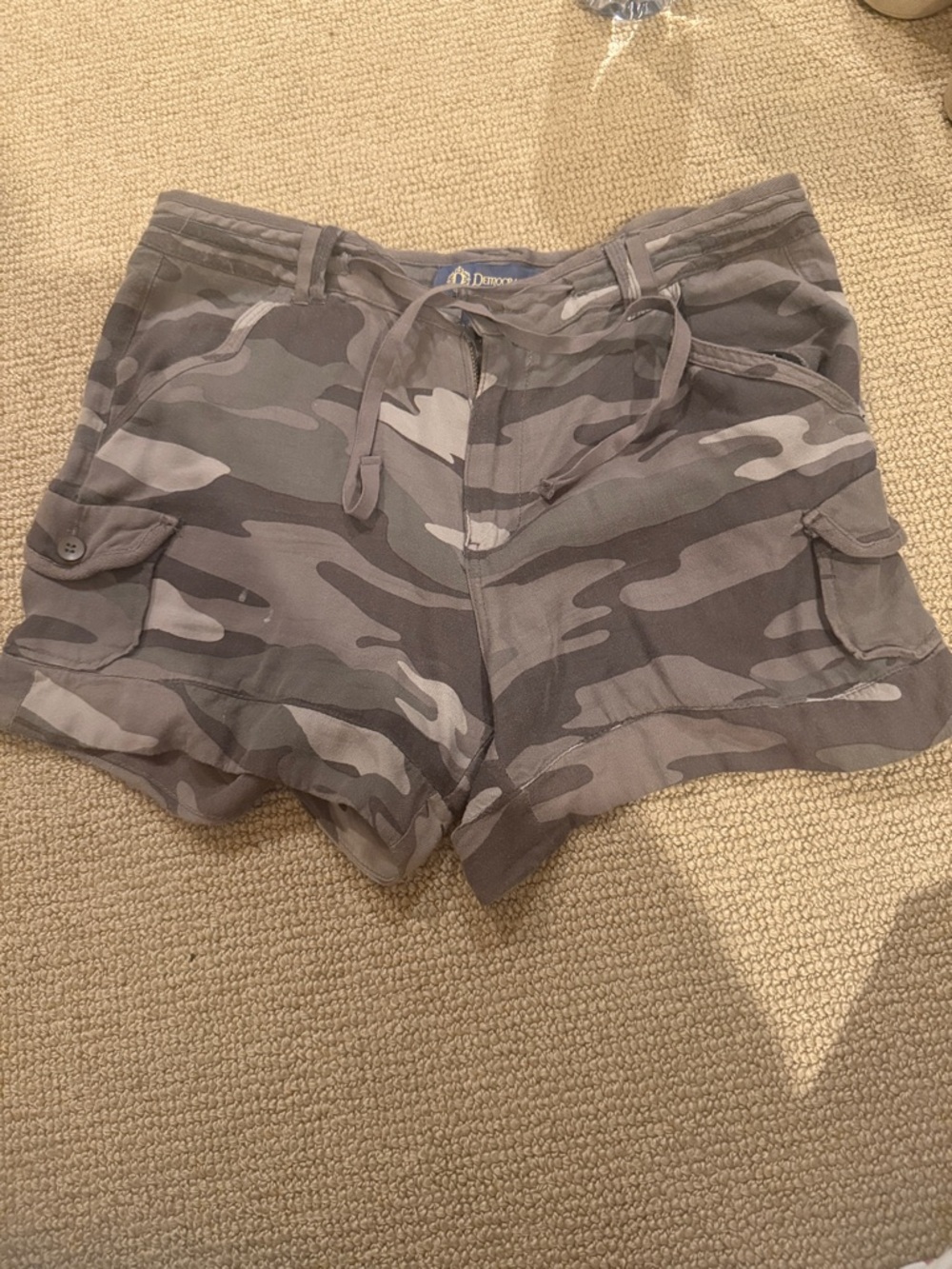 Women's Gray Camo Cargo Drawstring Shorts - Casual Utility Style